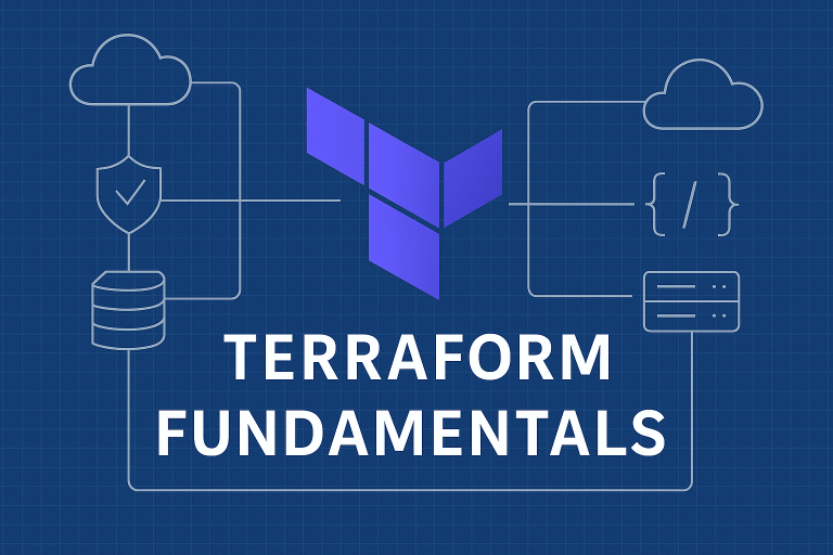 Feature graphic with the Terraform logo in the center above the words ‘Terraform Fundamentals’ on a dark blue grid background. White line icons show cloud, database, security shield, code brackets, and server symbols, representing cloud infrastructure managed with Terraform.