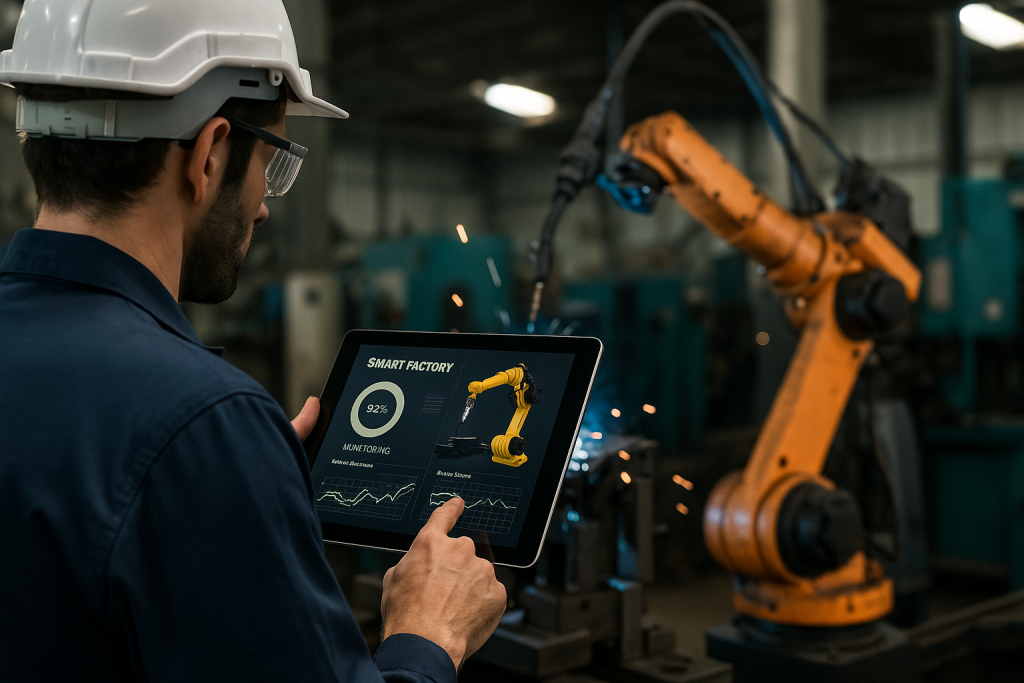An engineer wearing a hard hat and safety glasses monitors a robotic arm in a smart factory using a tablet. The tablet screen displays real-time data on machine performance, including a 3D model of the robotic arm and production analytics. Sparks fly from the robot as it works on a metal component.