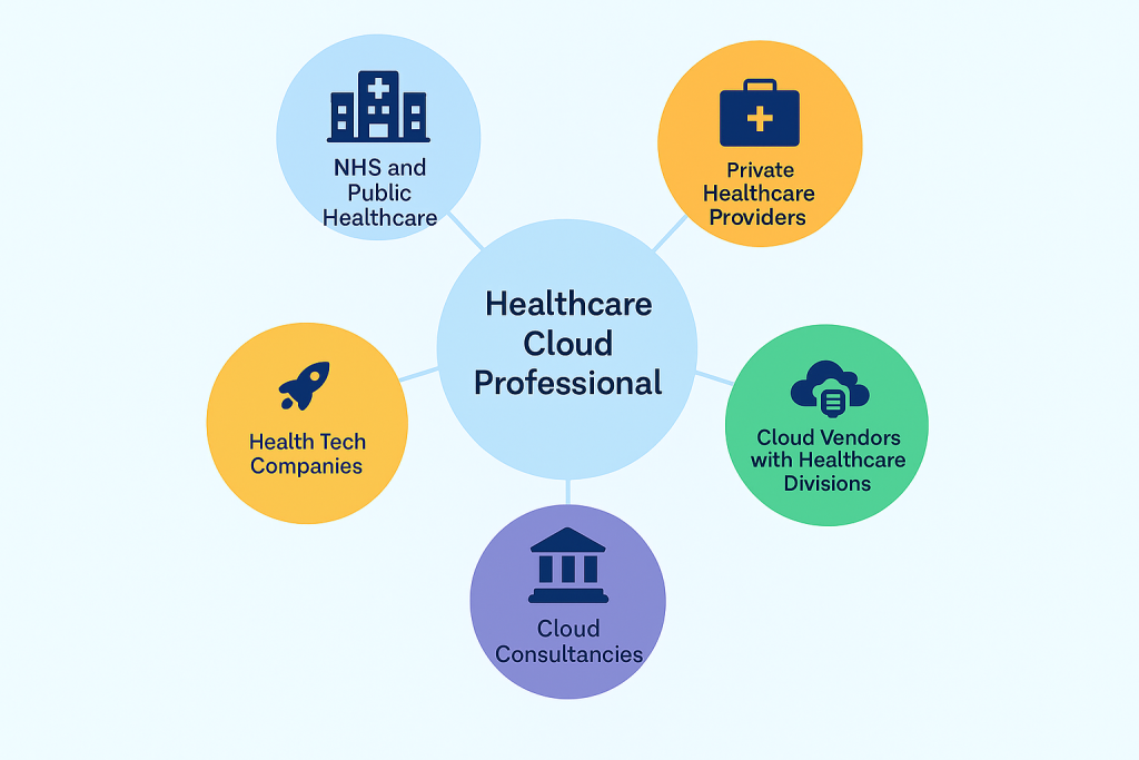 A central circle labeled “Healthcare Cloud Professional” surrounded by five color-coded categories: NHS and Public Healthcare, Private Providers, Health Tech Companies, Cloud Consultancies, and Technology Vendors, illustrating the employer landscape in the UK.