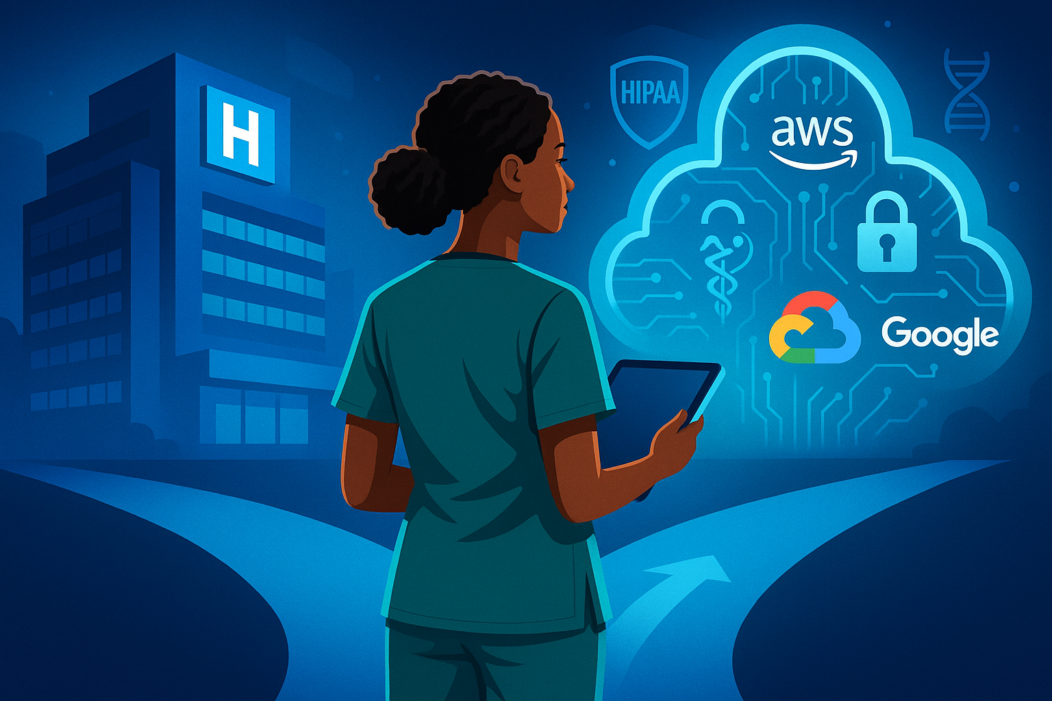 A confident female healthcare professional in hybrid scrubs and tech attire stands at a crossroads between a digital hospital and a glowing cloud platform, with icons for AWS, Azure, HIPAA, and patient data security floating around her.