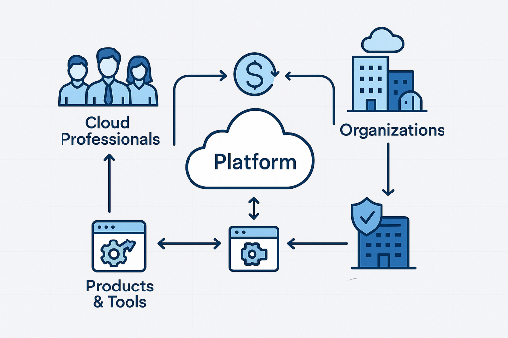 Platform business model diagram showing central "Platform" cloud with bidirectional money flow arrows connecting Cloud Professionals (group of people) on the left and Organizations (buildings) on the right. Below, Products & Tools (gear icons) connect to both sides through the platform, illustrating a marketplace ecosystem.