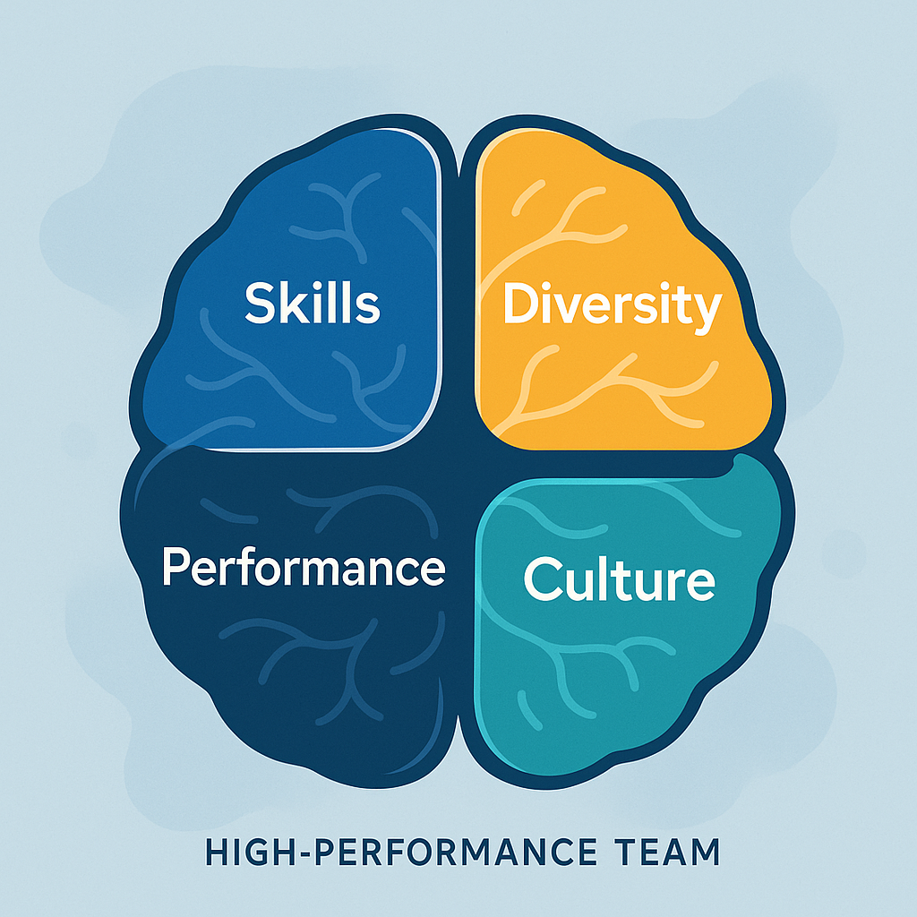 A brain illustration divided into four colored segments labeled Skills, Diversity, Performance, and Culture, symbolizing the cognitive foundation of high-performing teams.