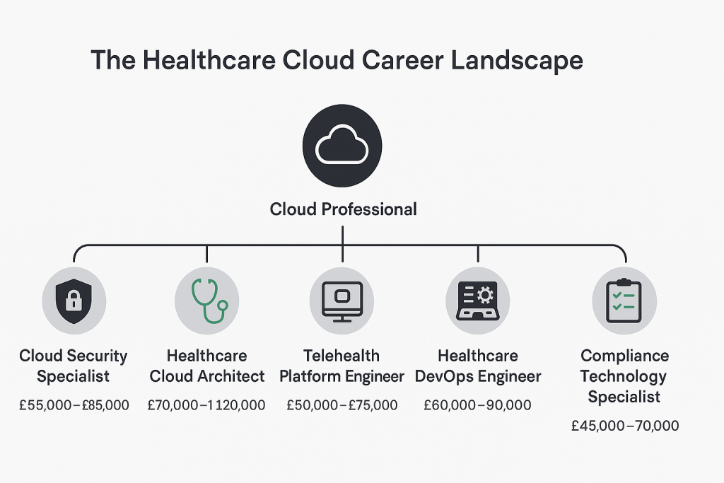 A horizontal infographic titled "The Healthcare Cloud Career Landscape" shows a central cloud icon labeled "Cloud Professional" branching out to five roles: Cloud Security Specialist (£55,000–£85,000), Healthcare Cloud Architect (£70,000–£120,000), Telehealth Platform Engineer (£50,000–£75,000), Healthcare DevOps Engineer (£60,000–£90,000), and Compliance Technology Specialist (£45,000–£70,000), each represented with relevant icons.