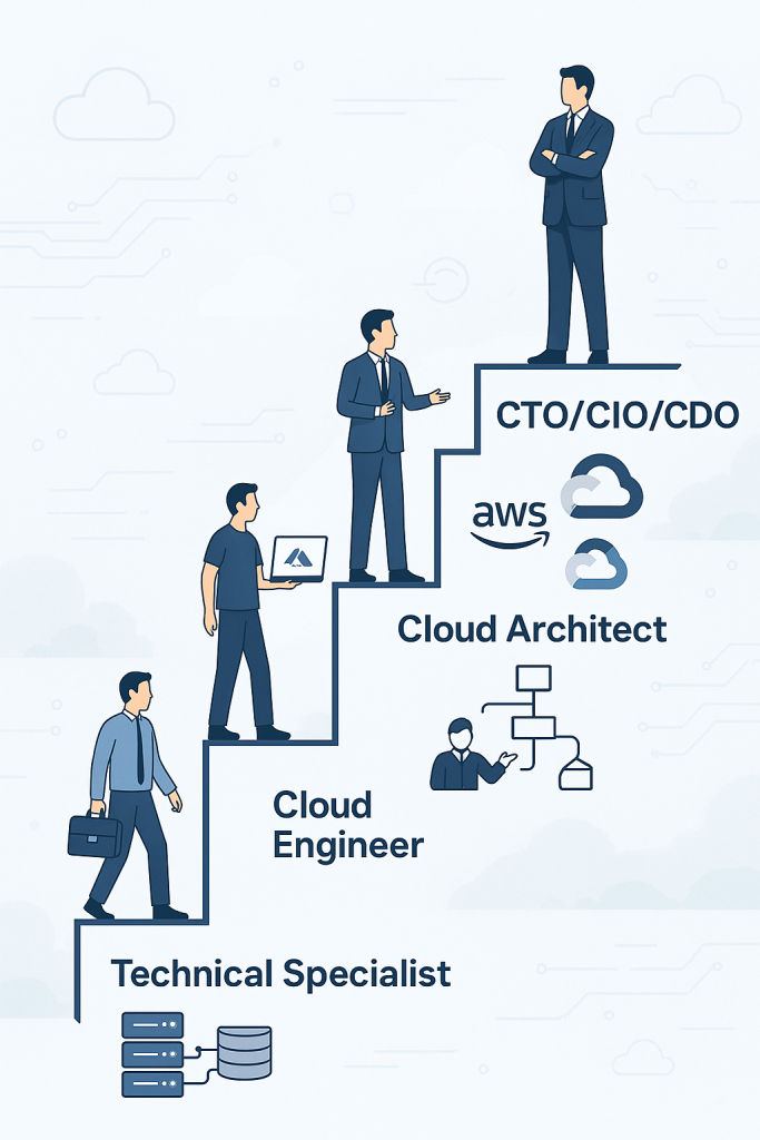 A staircase illustration showing career progression from Technical Specialist to Cloud Engineer, Cloud Architect, and finally to C-suite roles like CTO, CIO, or CDO, with cloud platform icons alongside.