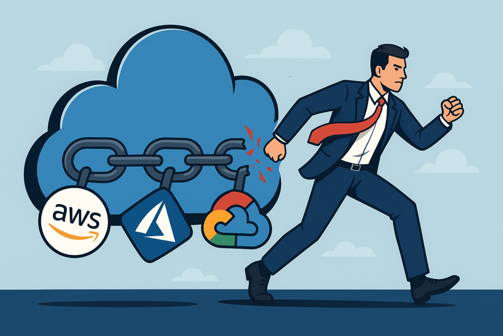 Illustration of a businessperson breaking free from chains connected to a large cloud icon, with AWS, Azure, and Google Cloud logos on the chain links, symbolising escape from vendor lock-in.