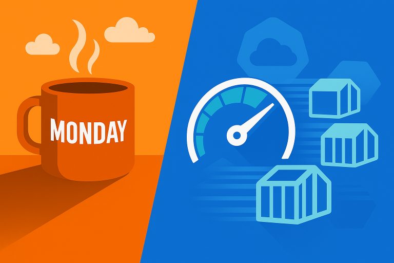 Split-screen illustration: on the left, an orange coffee mug labeled “MONDAY” against a warm gradient background; on the right, a blue backdrop with a speedometer gauge, teal container icons fanning outward to suggest autoscaling, and a subtle hexagonal cloud motif representing Google Cloud Run.