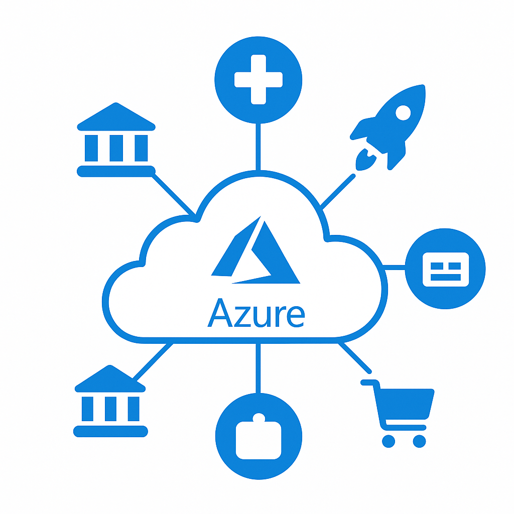 Azure cloud icon with logo in the centre, connected to icons representing different industries including healthcare, finance, government, retail, and technology.