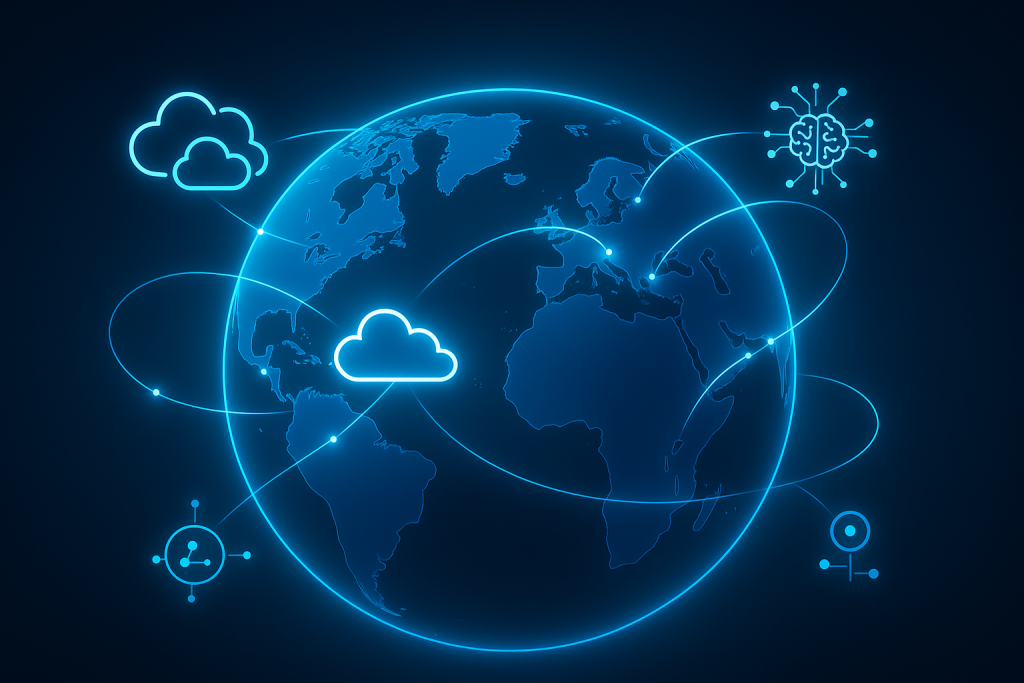 Digital world map glowing in neon blue, with cloud icons, AI circuit symbols, and edge nodes connected by bright lines, representing the global, multi-cloud ecosystem of 2025.