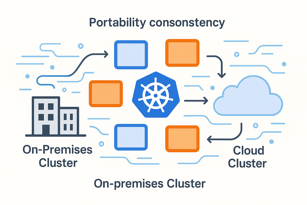 Illustration of Kubernetes container portability. Containers and Kubernetes logo in the center, with arrows showing workloads moving between on-premises clusters (building icon) and cloud clusters (cloud icon). Abstract flowing data lines in the background.