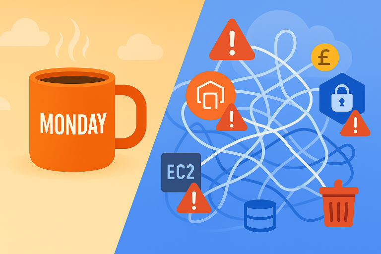 Split illustration with a warm orange left side featuring a coffee mug labeled 'MONDAY' against a soft cloud background, and a cool blue right side showing a chaotic, tangled network diagram with AWS icons including EC2, security lock, database, and house symbols. Red warning triangles and a pound currency icon highlight misconfigurations and cost issues.