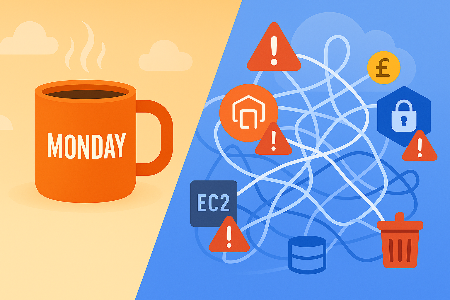 Split illustration with a warm orange left side featuring a coffee mug labeled 'MONDAY' against a soft cloud background, and a cool blue right side showing a chaotic, tangled network diagram with AWS icons including EC2, security lock, database, and house symbols. Red warning triangles and a pound currency icon highlight misconfigurations and cost issues.