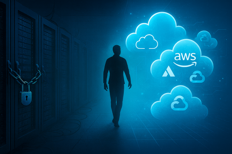 Silhouette of a man walking away from chained, locked server racks on the left toward glowing blue clouds on the right, featuring AWS, Azure, and Google Cloud logos, symbolising breaking free from legacy IT to embrace cloud platforms.