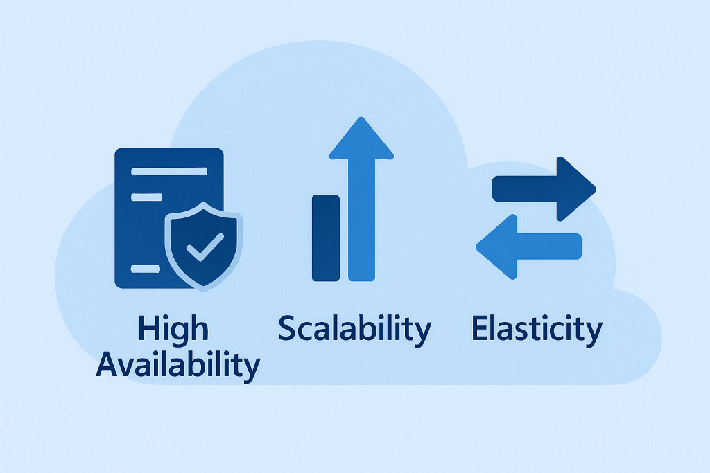Three icons inside a cloud shape representing High Availability, Scalability, and Elasticity, in a flat blue design.