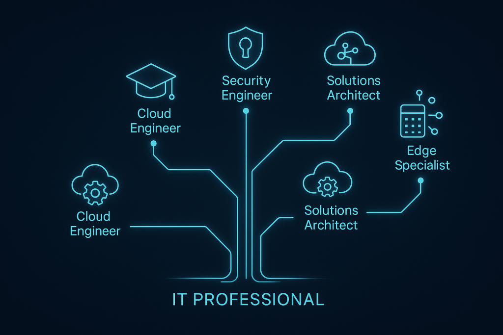 Futuristic career tree diagram with “IT Professional” at the base, branching into Cloud Engineer, DevOps Engineer, Site Reliability Engineer, and further specialisations including Security Engineer, Data Engineer, Solutions Architect, FinOps Practitioner, and Edge Specialist, each represented by glowing icons.