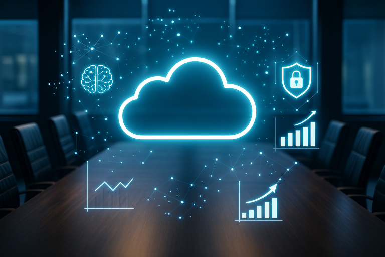 Digital illustration of a glowing cloud icon above a boardroom table, surrounded by futuristic graphics representing AI, cybersecurity, and business growth, symbolising the strategic impact of cloud computing for modern enterprises.