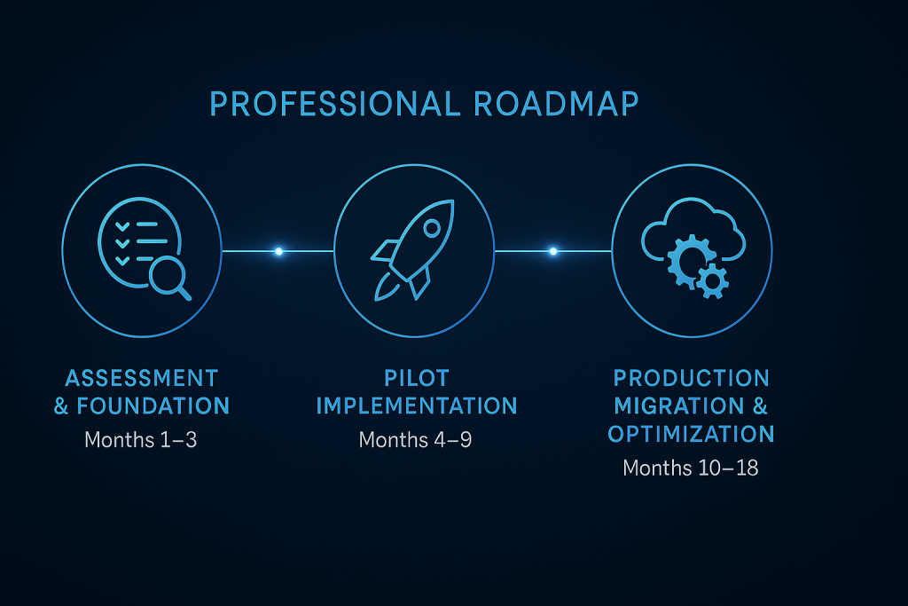 Horizontal roadmap infographic with three glowing icons. Stage 1: magnifying glass over a checklist for “Assessment & Foundation, Months 1–3.” Stage 2: rocket launch for “Pilot Implementation, Months 4–9.” Stage 3: cloud with gears for “Production Migration & Optimisation, Months 10–18