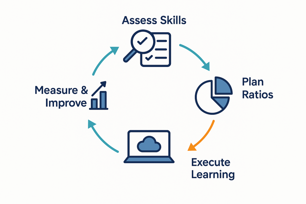 Circular flowchart showing 70-20-10 learning cycle with four steps: assess skills, plan ratios, execute learning, and measure & improve.
