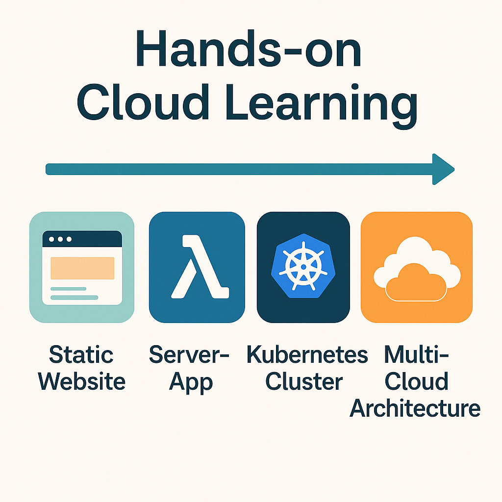 Hands-on cloud learning progression chart showing projects from static website to serverless app, Kubernetes cluster, and multi-cloud architecture.