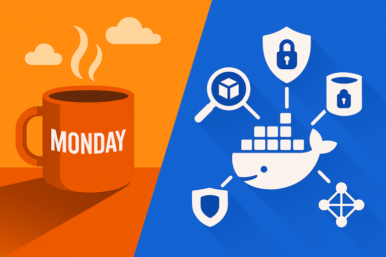 Feature image split diagonally. Left side: bright orange background with a large orange coffee mug labeled ‘MONDAY,’ steam and small clouds rising above. Right side: blue background with a white Docker whale icon in the center, surrounded by connected security symbols including a shield, lock, vault, magnifying glass, and network node. Flat, minimalist design with bold colors and long shadows.