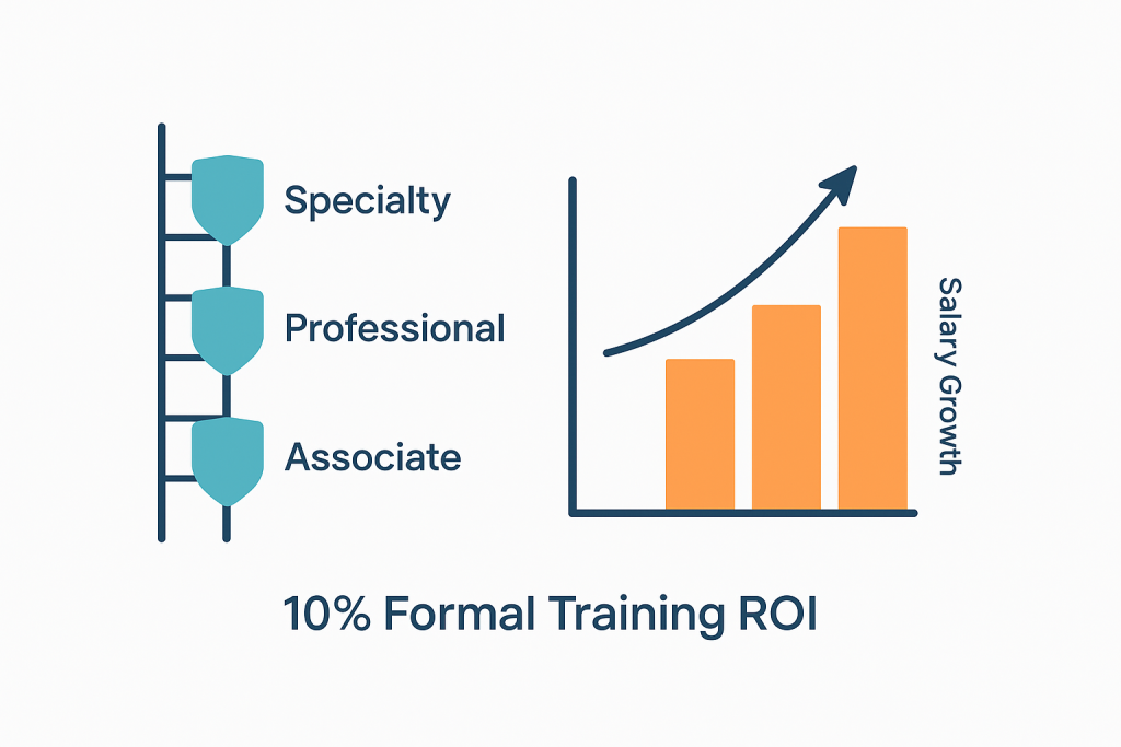 Certification ROI ladder showing Associate at bottom, Professional in middle, and Specialty at top, with bar chart of salary growth highlighting return on cloud certifications.