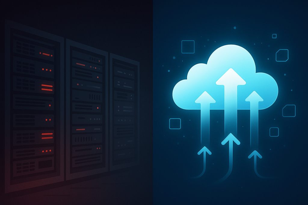 Split-screen illustration showing a dark, outdated server room on the left and a bright glowing cloud with upward arrows on the right, symbolising the shift from legacy IT infrastructure to scalable cloud computing.