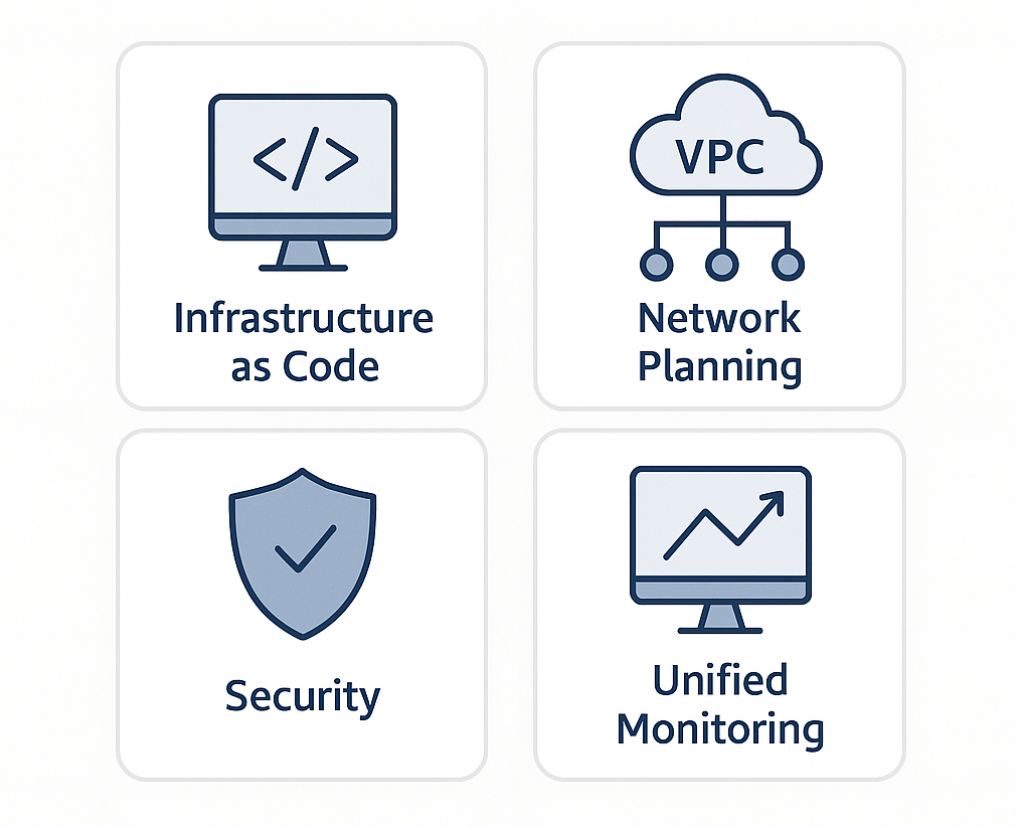 Four-part infographic titled “Implementation Best Practices That Actually Work.” Icons represent four practices: Infrastructure as Code, Network Planning, Security, and Unified Monitoring.