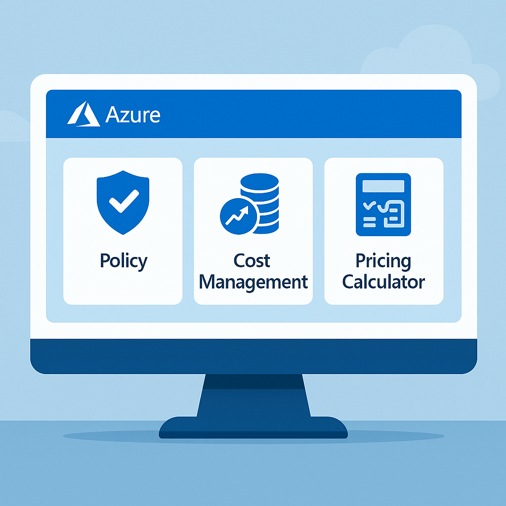 Flat-style illustration of a computer monitor displaying three Azure tool icons: Policy, Cost Management, and Pricing Calculator.
