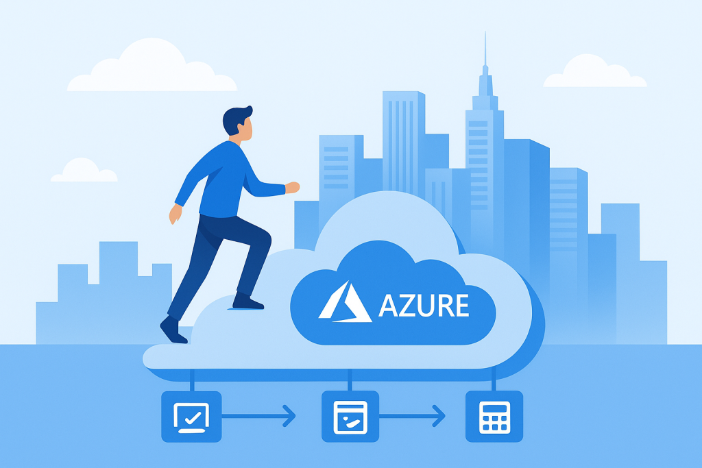 Illustration of a person stepping onto a cloud platform with the Azure logo, with a modern city skyline in the background, symbolising career growth.