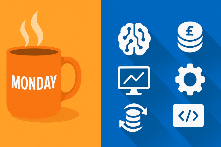 A flat, split-screen illustration. On the left, an orange background with a steaming orange coffee mug labeled “MONDAY.” On the right, a blue background with six white flat-design icons representing Azure Cognitive Services cost control: a brain circuit (AI), stacked coins with a pound sign (cost), a monitor with a line graph (monitoring), a database with arrows (caching), a gear (optimization), and a token card (usage).