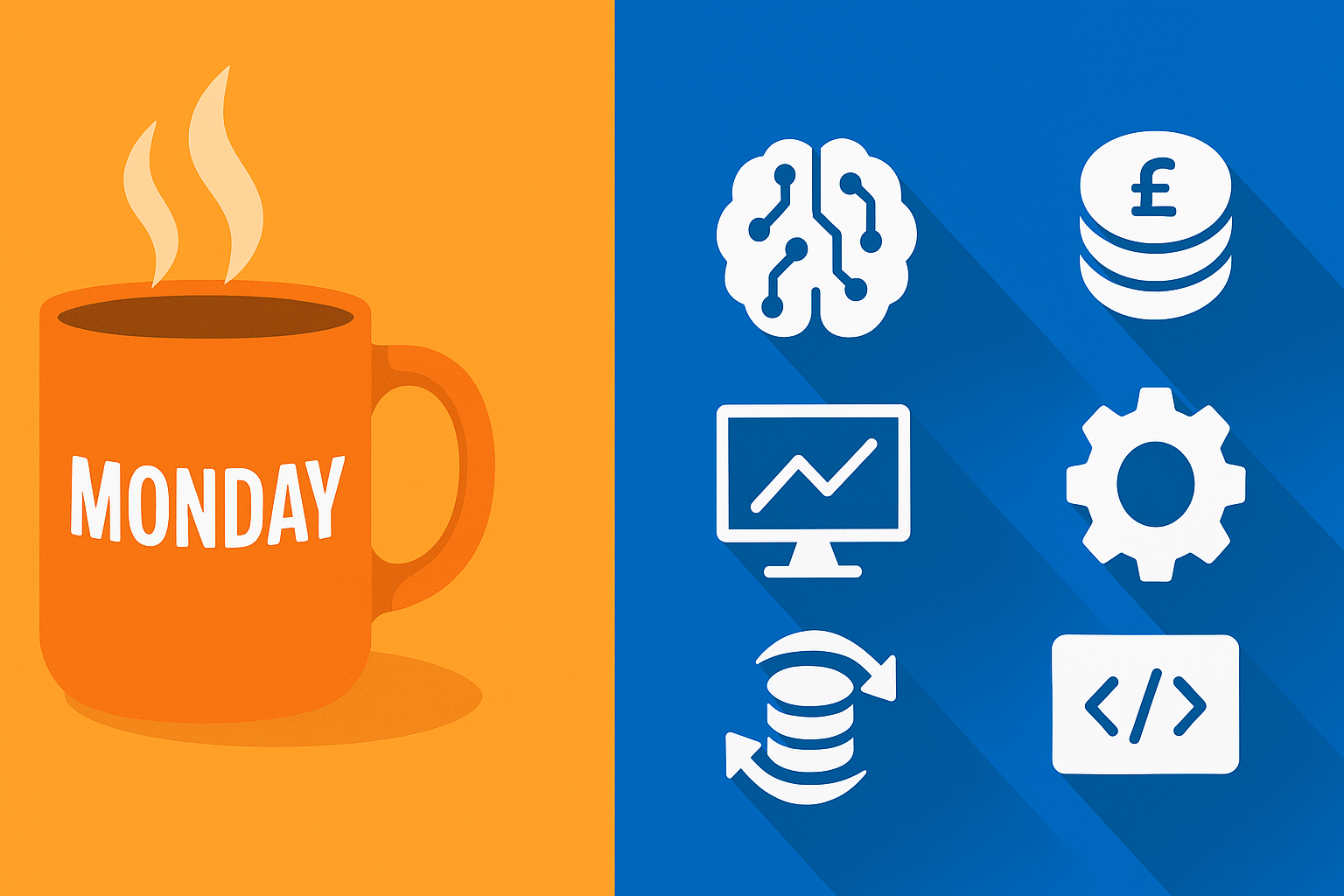 A flat, split-screen illustration. On the left, an orange background with a steaming orange coffee mug labeled “MONDAY.” On the right, a blue background with six white flat-design icons representing Azure Cognitive Services cost control: a brain circuit (AI), stacked coins with a pound sign (cost), a monitor with a line graph (monitoring), a database with arrows (caching), a gear (optimization), and a token card (usage).
