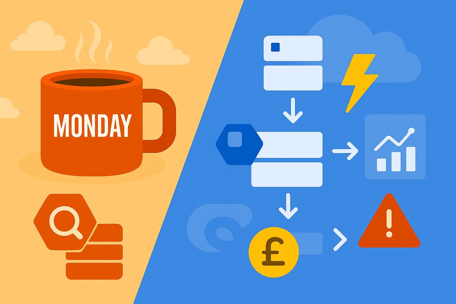 Split-style illustration with an orange background on the left showing a steaming coffee mug labeled 'Monday' and BigQuery database icon, and a blue background on the right showing abstract data flow with Google BigQuery logo, database blocks, lightning bolt for speed, graph for performance, pound coin for cost, and warning triangle for query issues.