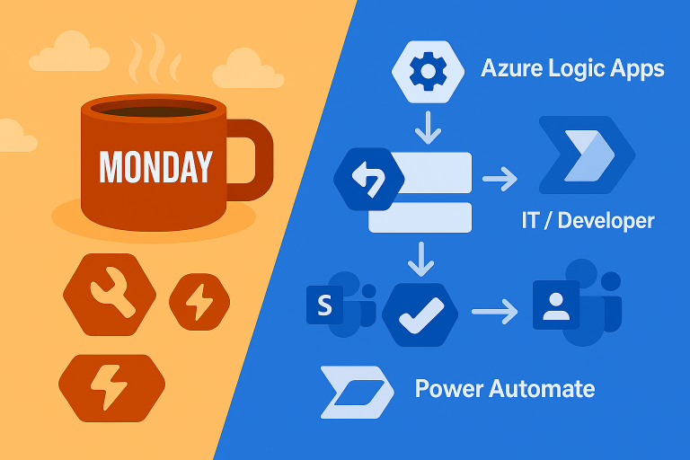 Split-screen infographic with an orange background on the left showing a steaming orange coffee mug labeled ‘MONDAY’ and cloud-related icons, and a blue background on the right showing Azure Logic Apps and Power Automate workflows. The Logic Apps track is labeled ‘IT / Developer’ with flowchart-style arrows, while the Power Automate track connects Microsoft 365 apps and user icons, representing business user automation.