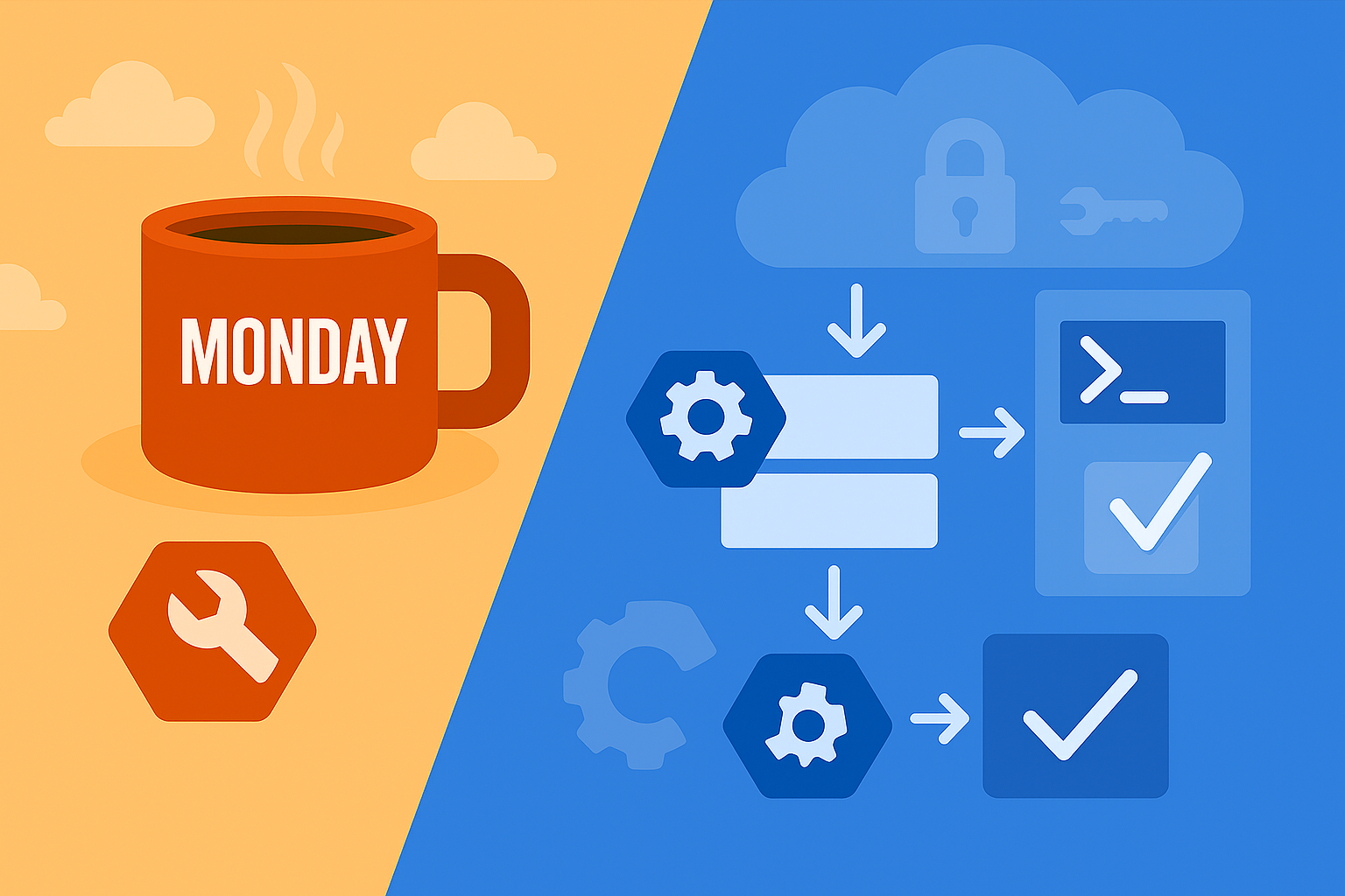 Orange coffee mug labeled “Monday” on the left with a wrench icon, contrasted by a blue background on the right showing cloud automation symbols, gears, padlock, terminal, and checkmarks representing AWS Systems Manager security and automation workflows.