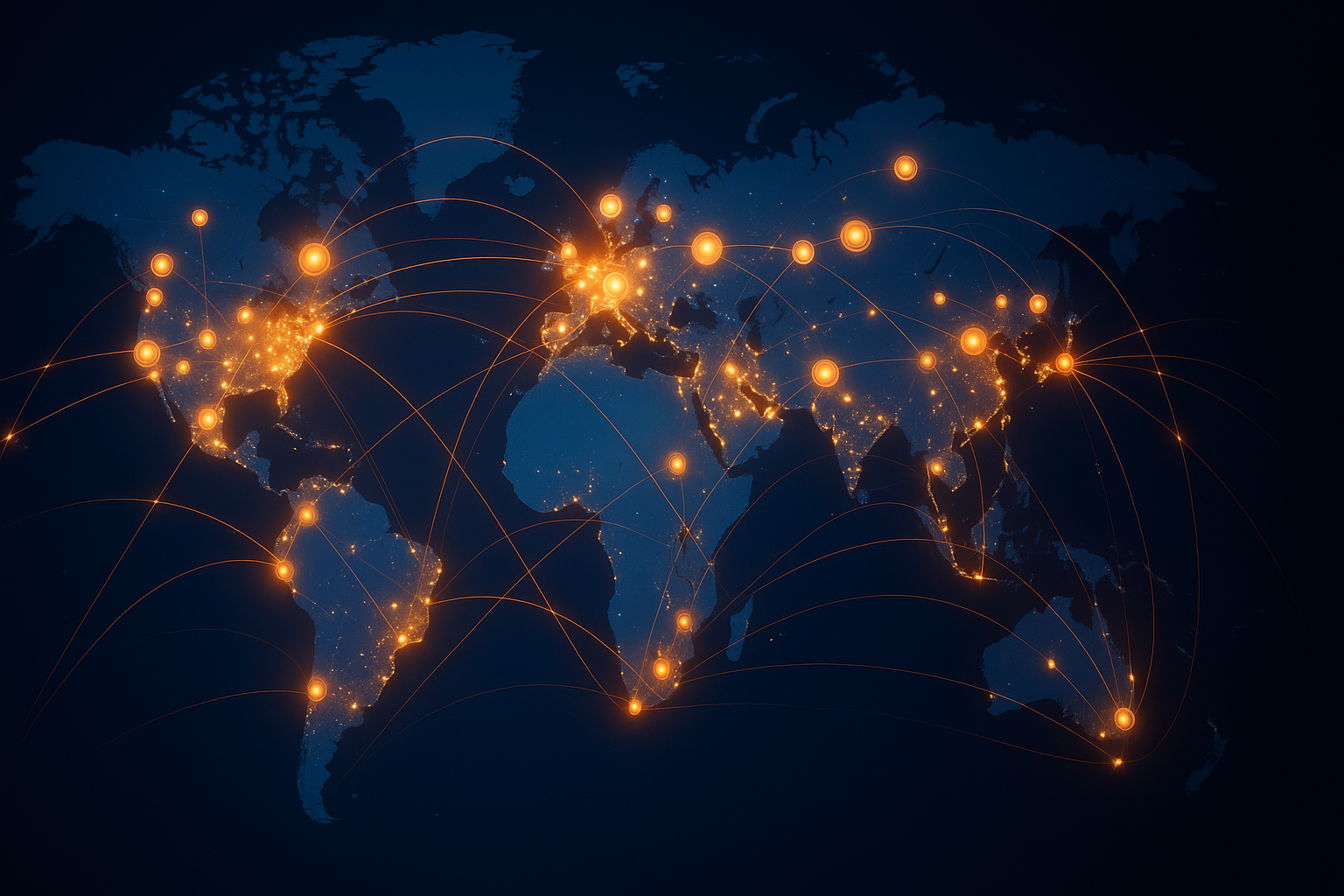 World map visualization of AWS edge network with glowing orange nodes across continents connected by curved lines, showing global traffic routing and low-latency edge coverage.