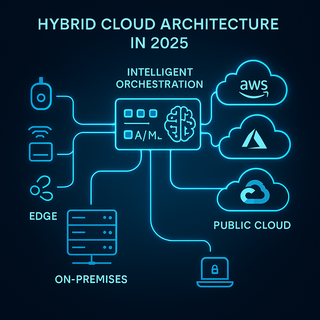 Digital diagram showing hybrid cloud architecture in 2025. Central AI/ML orchestration layer connects to on-premises servers, edge devices, and public clouds (AWS, Azure, Google Cloud) with glowing neon blue lines on a dark background.