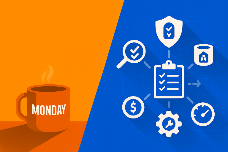 A flat vector illustration split diagonally. On the left, an orange background with a steaming coffee mug labeled ‘MONDAY.’ On the right, a blue background with a central clipboard checklist icon connected to surrounding icons: shield for security, database for storage, magnifying glass for compliance, dollar sign for cost optimization, cog for operations, and speedometer for performance. Minimalist design in warm and cool tones.