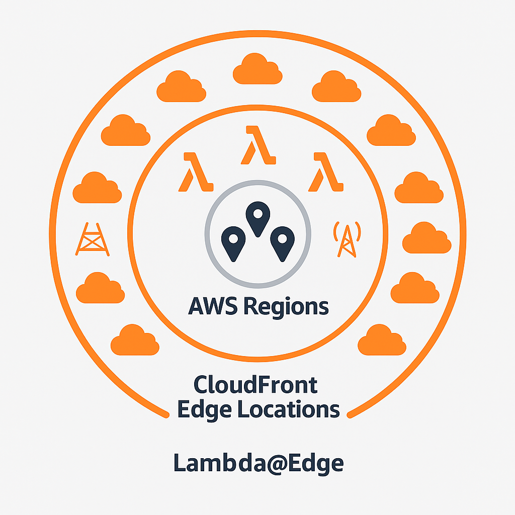 Concentric circle diagram showing AWS Regions at the core, Lambda@Edge in the middle layer, and CloudFront Edge Locations on the outer ring, illustrating AWS’s global edge hierarchy.