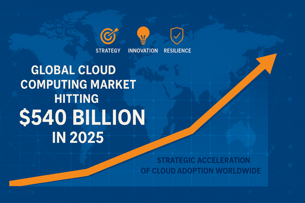 Infographic showing global cloud computing market growth reaching £540 billion in 2025, with icons for strategy, innovation, and resilience above a rising orange trend line.