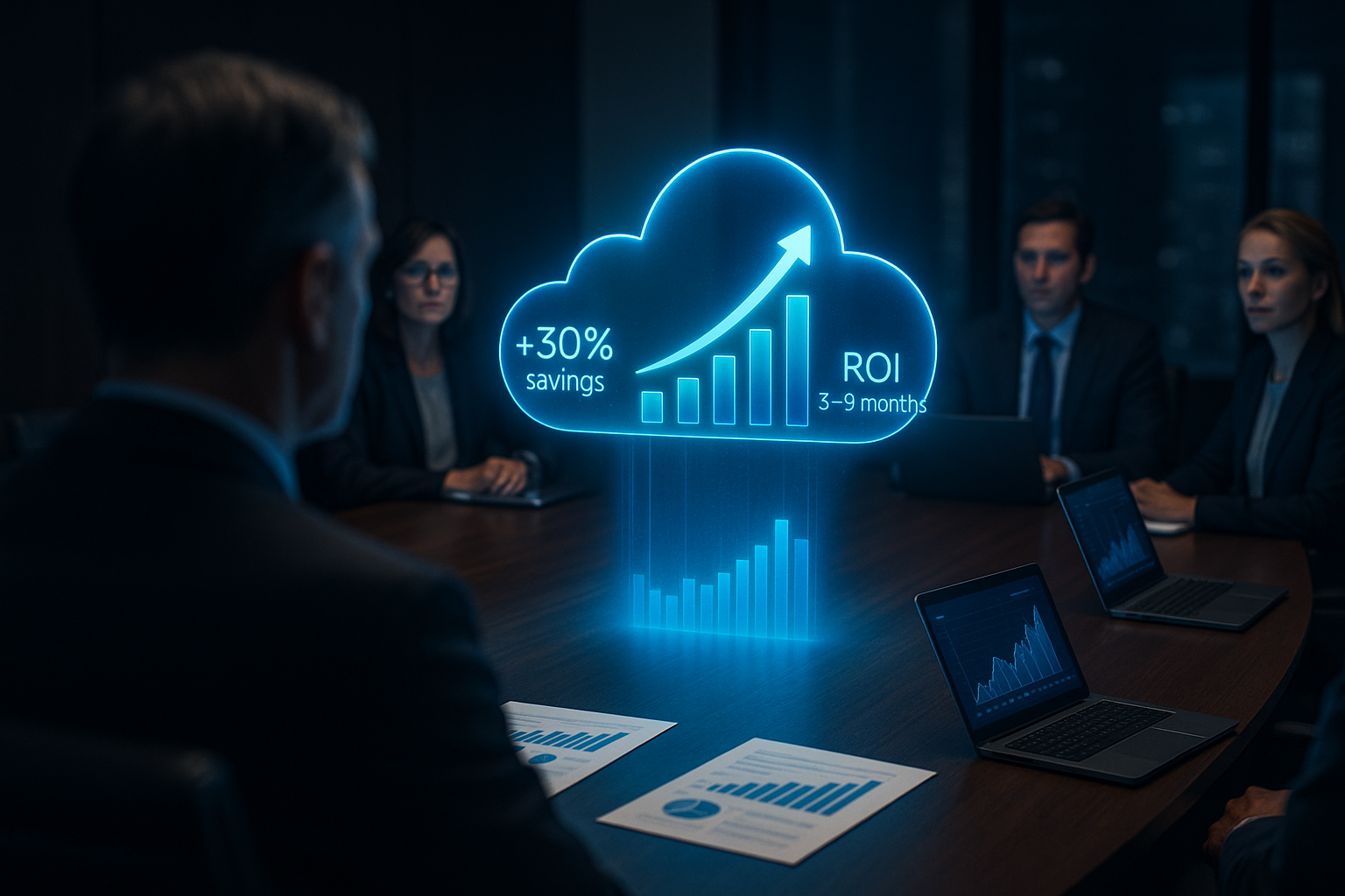 Infographic showing global cloud spending reaching £723.4 billion with 35% wasted, visualised through rising bars, cloud icons, and an orange upward arrow.