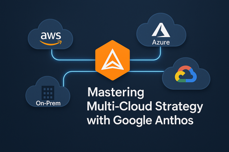 Digital illustration showing the Google Anthos logo at the centre connected by glowing lines to cloud platforms AWS, Microsoft Azure, and Google Cloud, representing unified multi-cloud management and workload portability across environments.