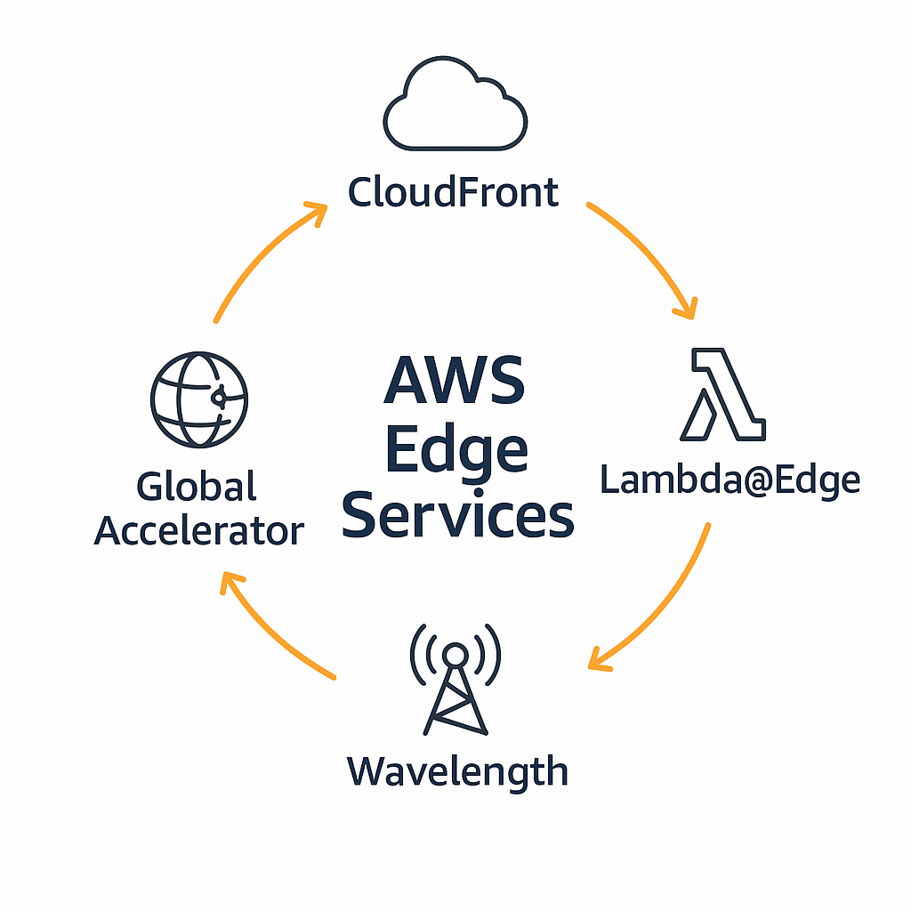 Circular infographic of AWS Edge Services with CloudFront, Lambda@Edge, Wavelength, and Global Accelerator surrounding a central hub, connected by orange arrows in a clockwise flow.