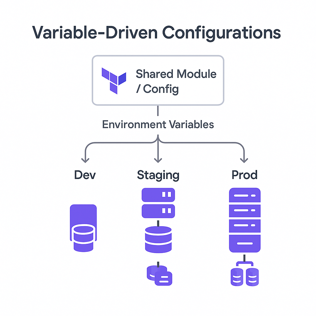 Diagram showing a “Shared Module / Config” box at the top with Terraform logo. Arrows labelled “Environment Variables” flow to three environments: Dev (small resources), Staging (medium resources), and Prod (larger resources). Demonstrates how a single codebase adapts via variables.