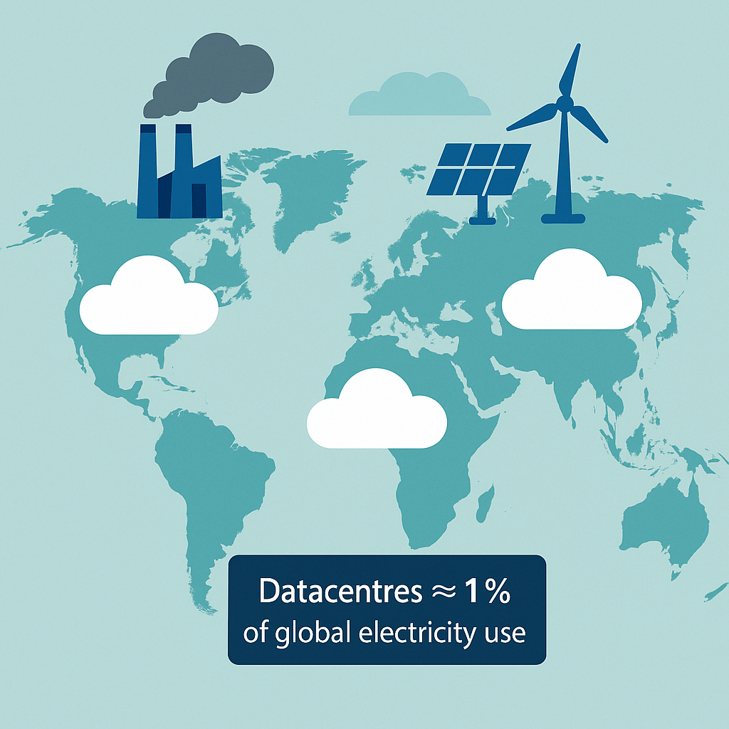 Flat-style world map infographic showing white cloud icons across regions, a smokestack emitting dark smoke, and renewable energy icons (solar panel and wind turbine). A callout states: “Datacentres ≈ 1% of global electricity use.