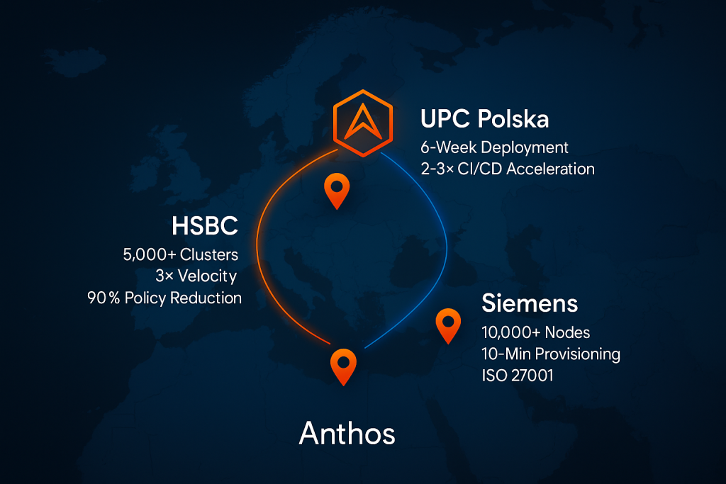 Map of Europe highlighting Anthos adoption by HSBC in the UK, Siemens in Germany, and UPC Polska in Poland, connected by glowing lines to the Anthos logo with performance metrics showing deployment speed, scalability, and compliance improvements.