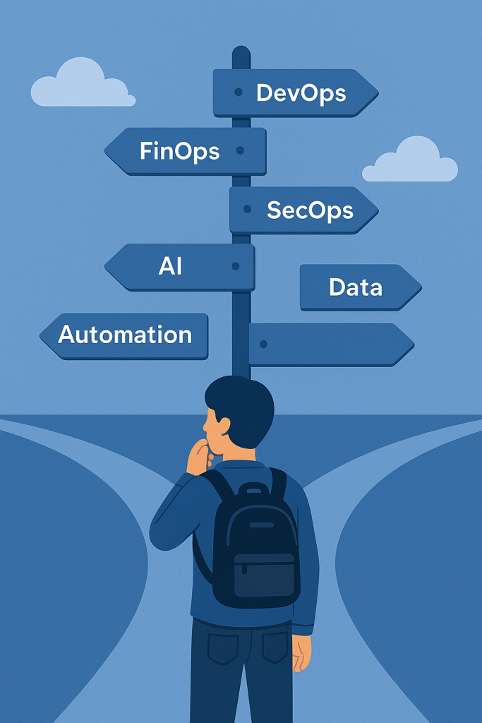 A person at a crossroads surrounded by multiple cloud specialisation paths, symbolising confusion over what to learn next.