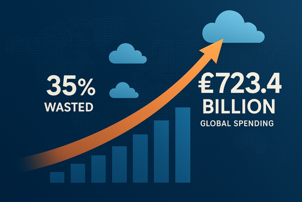 Infographic showing global cloud spending reaching £723.4 billion with 35% wasted, visualised through rising bars, cloud icons, and an orange upward arrow.