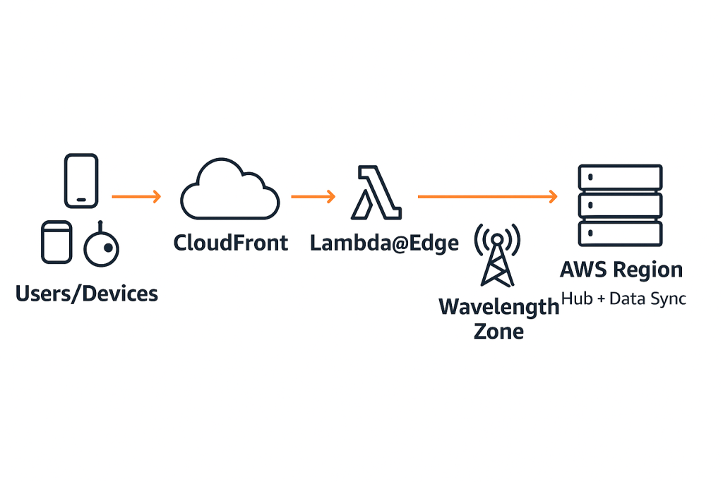 Linear architecture flow from left to right: users and devices → CloudFront global delivery → Lambda@Edge regional compute → Wavelength Zone for 5G edge → AWS Region hub and data synchronization.
