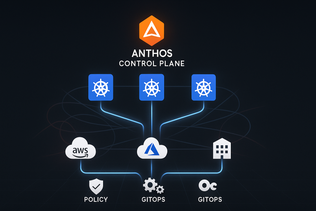 Diagram of the Anthos control plane managing Kubernetes clusters across AWS, Azure, and on-prem environments, connected by glowing blue lines with GitOps and policy enforcement icons, representing unified multi-cloud operations.