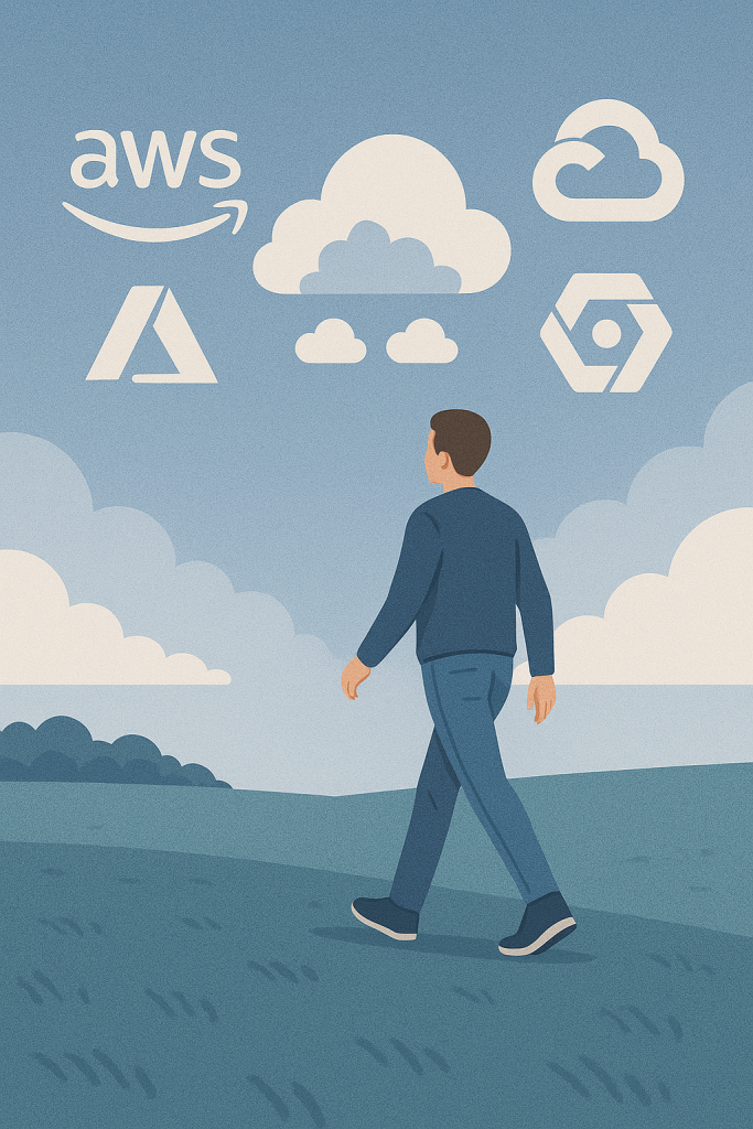 A person walking outdoors under a sky of stylised cloud icons, symbolising mental clarity and balance in continuous learning.
