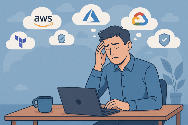 A cloud professional surrounded by floating icons of AWS, Azure, and GCP, symbolising information overload and the challenge of continuous learning.